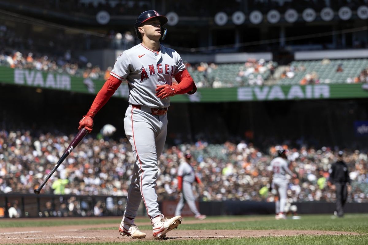 Jul 26, 2026; San Francisco, California, USA; Los Angeles Angels catcher Logan O'Hoppe (14) reacts to striking out against the San Francisco Giants during the seventh inning at Oracle Park. Mandatory Credit: D. Ross Cameron-Imagn Images