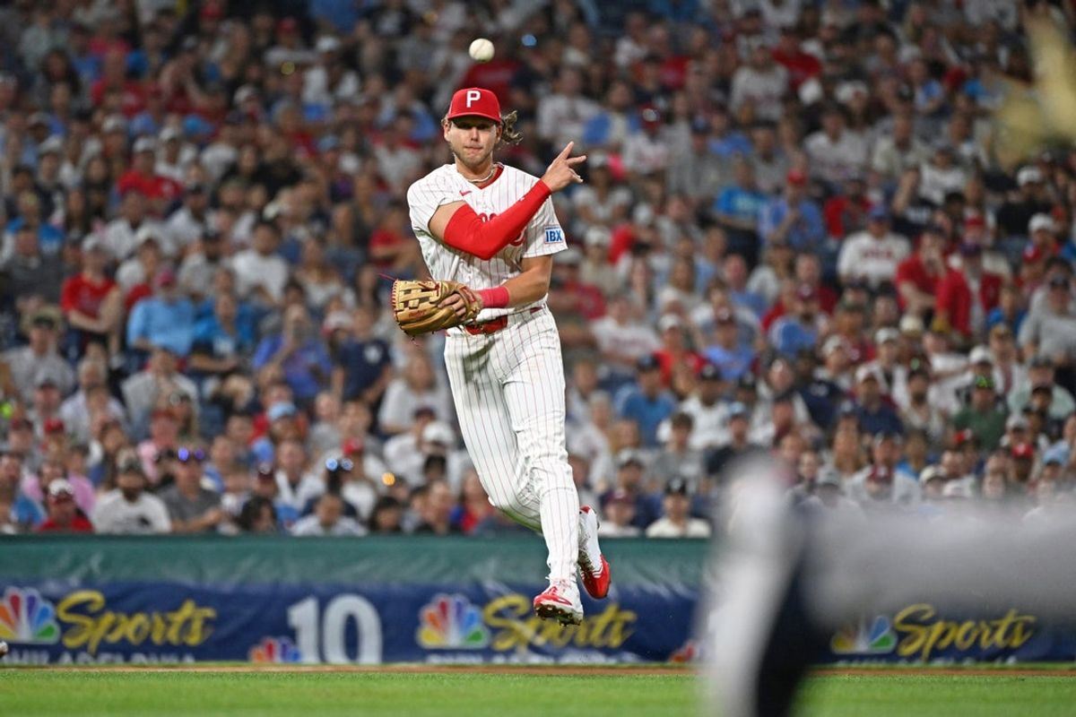 Jul 26, 2026; Philadelphia, Pennsylvania, USA; Philadelphia Phillies third baseman Alec Bohm (28) throws to first base during the fifth inning against the New York Yankees at Citizens Bank Park. Mandatory Credit: Eric Hartline-Imagn Images