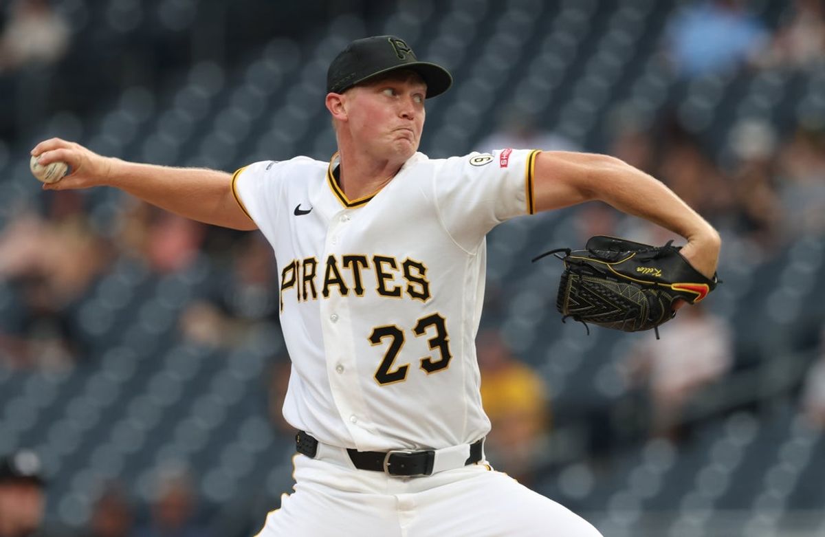 Jul 27, 2026; Pittsburgh, Pennsylvania, USA;  Pittsburgh Pirates starting pitcher Mitch Keller (23) delivers a pitch against the Arizona Diamondbacks during the first inning at PNC Park. Mandatory Credit: Charles LeClaire-Imagn Images