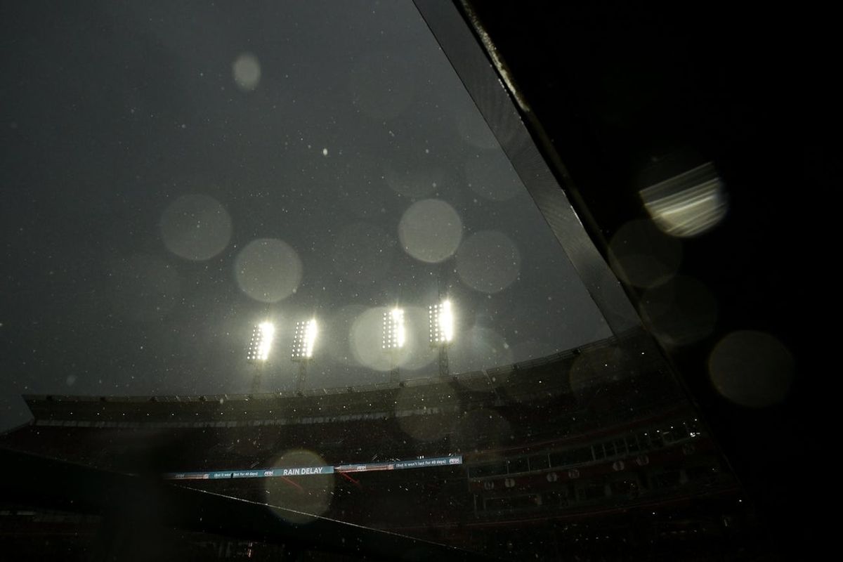 Jul 27, 2026; Cincinnati, Ohio, USA;  Rain pelts the stadium before the game between Cleveland Guardians and the Cincinnati Reds at Great American Ball Park. The game was postponed due to inclement weather. Mandatory Credit: Aaron Doster-Imagn Images