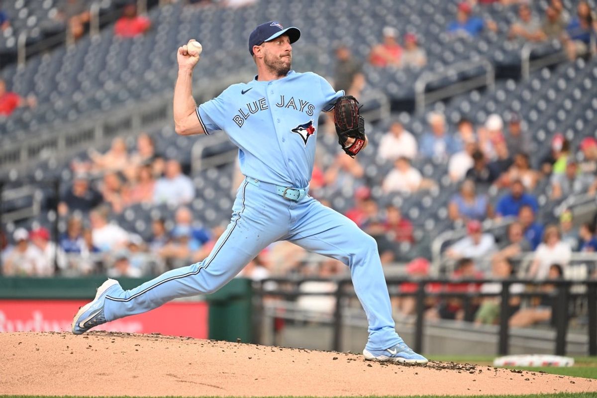 Jul 27, 2026; Washington, District of Columbia, USA; Toronto Blue Jays pitcher Max Scherzer (31) throws a pitch against the Washington Nationals during the second inning at Nationals Park. Mandatory Credit: Rafael Suanes-Imagn Images