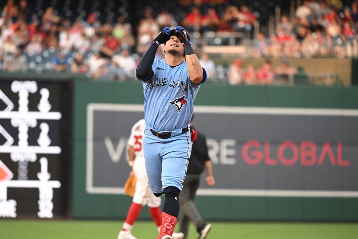Jul 27, 2026; Washington, District of Columbia, USA; Toronto Blue Jays second baseman Luis Urias (48) reacts after hitting a home run against the Washington Nationals during the third inning at Nationals Park. Mandatory Credit: Rafael Suanes-Imagn Images