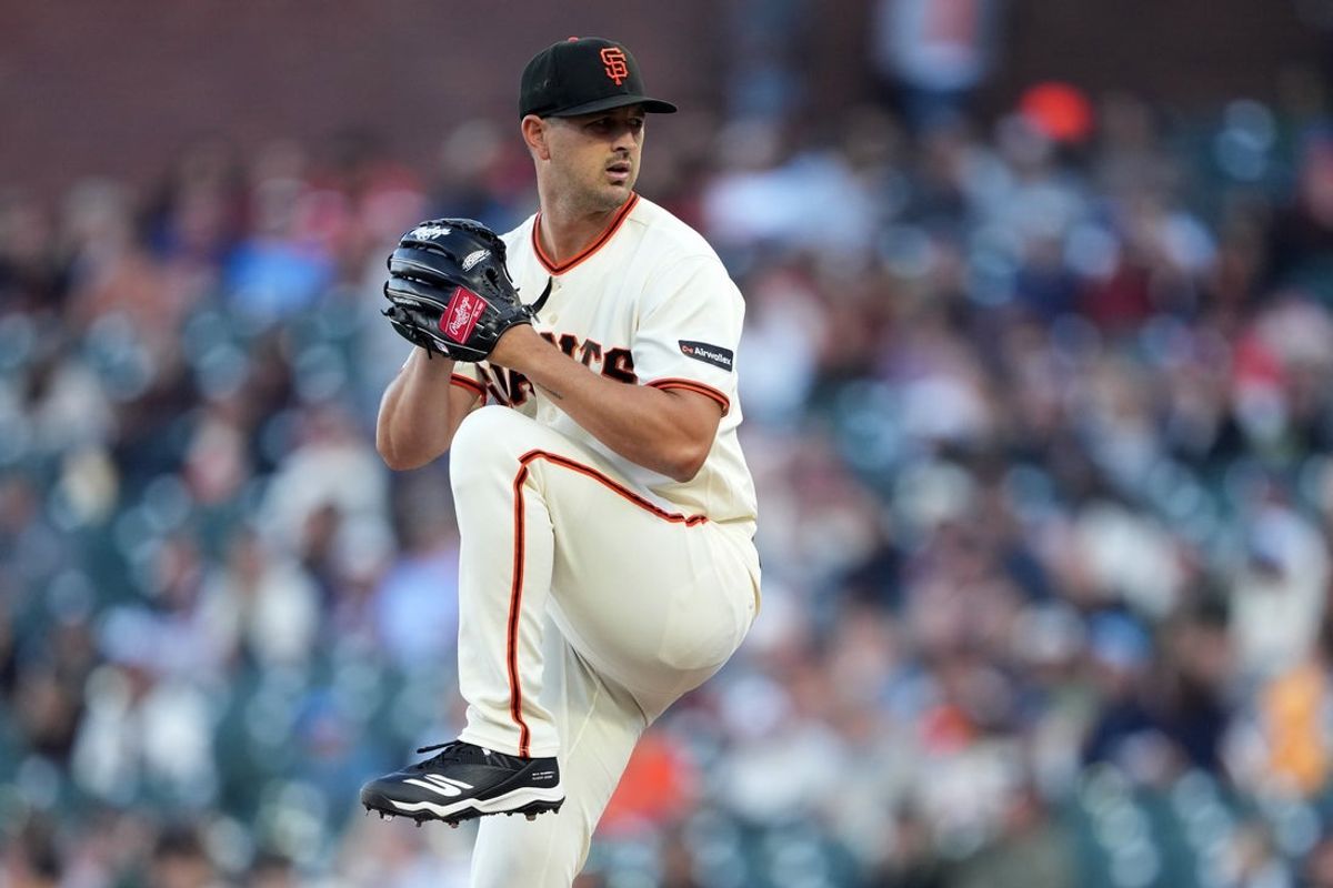 Jul 27, 2026; San Francisco, California, USA; San Francisco Giants starting pitcher Tyler Mahle (54) throws a pitch against the Milwaukee Brewers during the first inning at Oracle Park. Mandatory Credit: Darren Yamashita-Imagn Images
