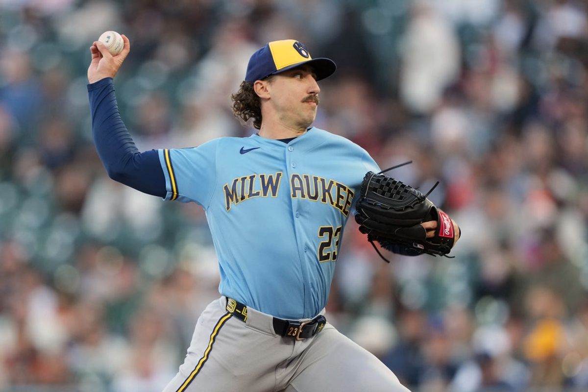Jul 27, 2026; San Francisco, California, USA; Milwaukee Brewers starting pitcher Brandon Sproat (23) throws a pitch against the San Francisco Giants during the first inning at Oracle Park. Mandatory Credit: Darren Yamashita-Imagn Images