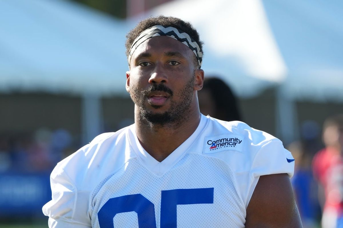 Jul 27, 2026; Westchester, CA, USA; Los Angeles Rams defensive end Myles Garrett (95) during training camp  at Loyola Marymount University. Mandatory Credit: Kirby Lee-Imagn Images