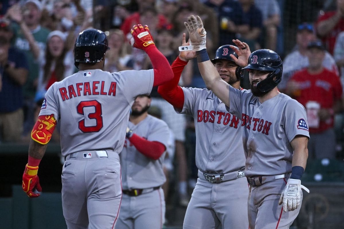 Jul 27, 2026; West Sacramento, California, USA; Boston Red Sox center fielder Ceddanne Rafaela (3) celebrates with team mates after hitting a grand slam during the sixth inning of the game against the Athletics at Sutter Health Park. Mandatory Credit: Ed Szczepanski-Imagn Images