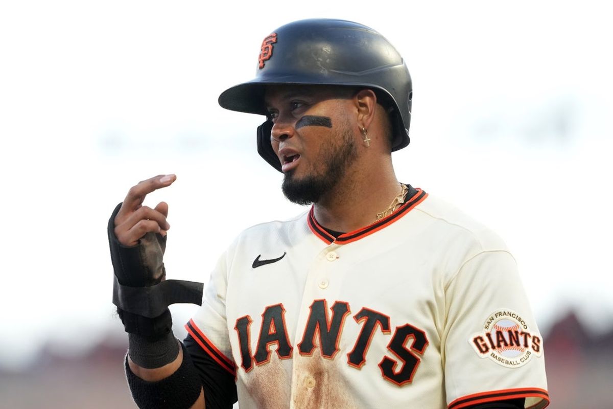 Jul 27, 2026; San Francisco, California, USA; San Francisco Giants second baseman Luis Arraez (1) gestures during the third inning against the Milwaukee Brewers at Oracle Park. Mandatory Credit: Darren Yamashita-Imagn Images