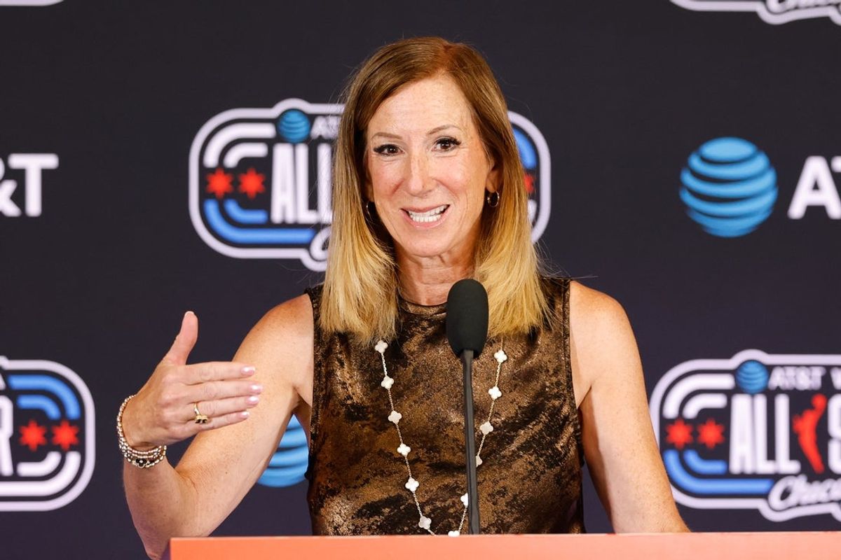 Jul 25, 2026; Chicago, Illinois, USA; WNBA Commissioner Cathy Engelbert speaks with media before the 2026 WNBA All Star Game at United Center. Mandatory Credit: Kamil Krzaczynski-Imagn Images