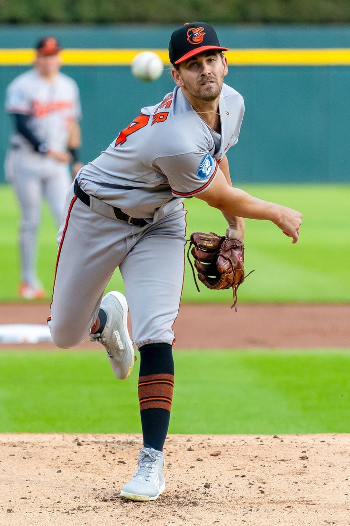 Jul 28, 2026; Detroit, Michigan, USA; Baltimore Orioles pitcher Dean Kremer (64) warms up before a before the game against the Detroit Tigers at Comerica Park. Mandatory Credit: David Reginek-Imagn Images