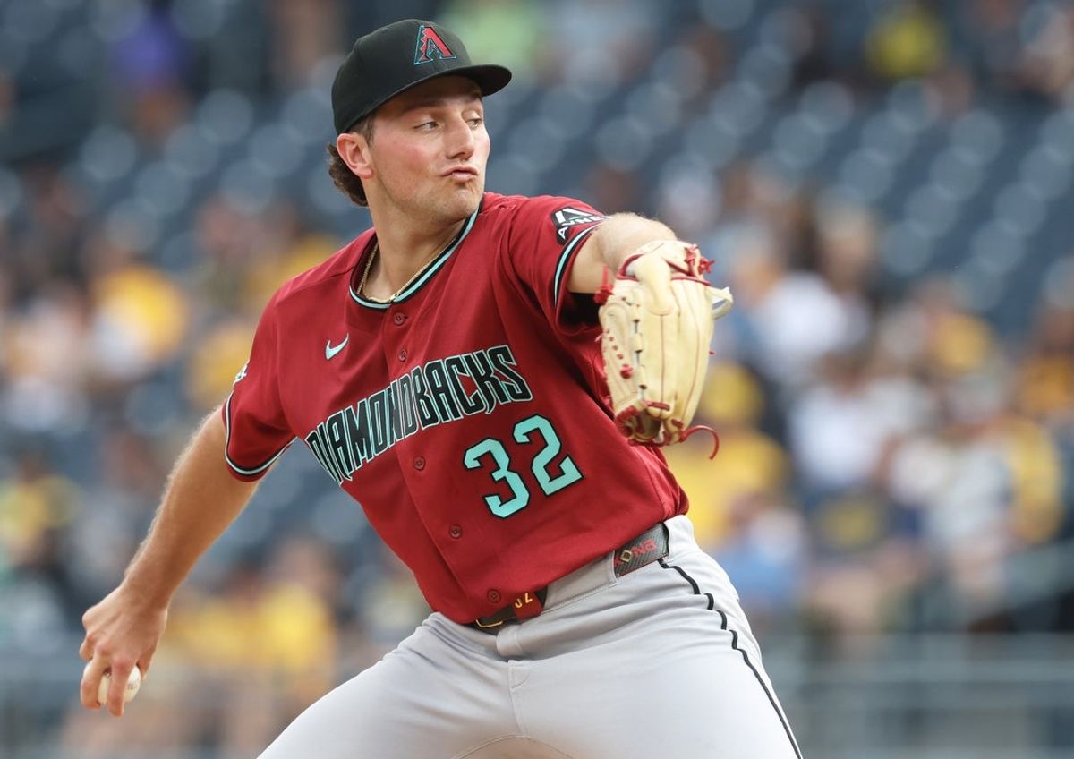 Jul 28, 2026; Pittsburgh, Pennsylvania, USA;  Arizona Diamondbacks starting pitcher Brandon Pfaadt (32) delivers a pitch agains the Pittsburgh Pirates during the first inning t at PNC Park. Mandatory Credit: Charles LeClaire-Imagn Images