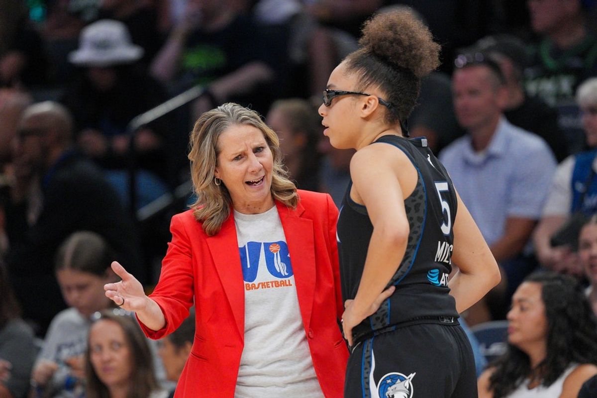 Jul 28, 2026; Minneapolis, Minnesota, USA; Minnesota Lynx head coach Cheryl Reeve talks with guard Olivia Miles (5) during a game against the Toronto Tempo in the second quarter at Target Center. Mandatory Credit: Brad Rempel-Imagn Images