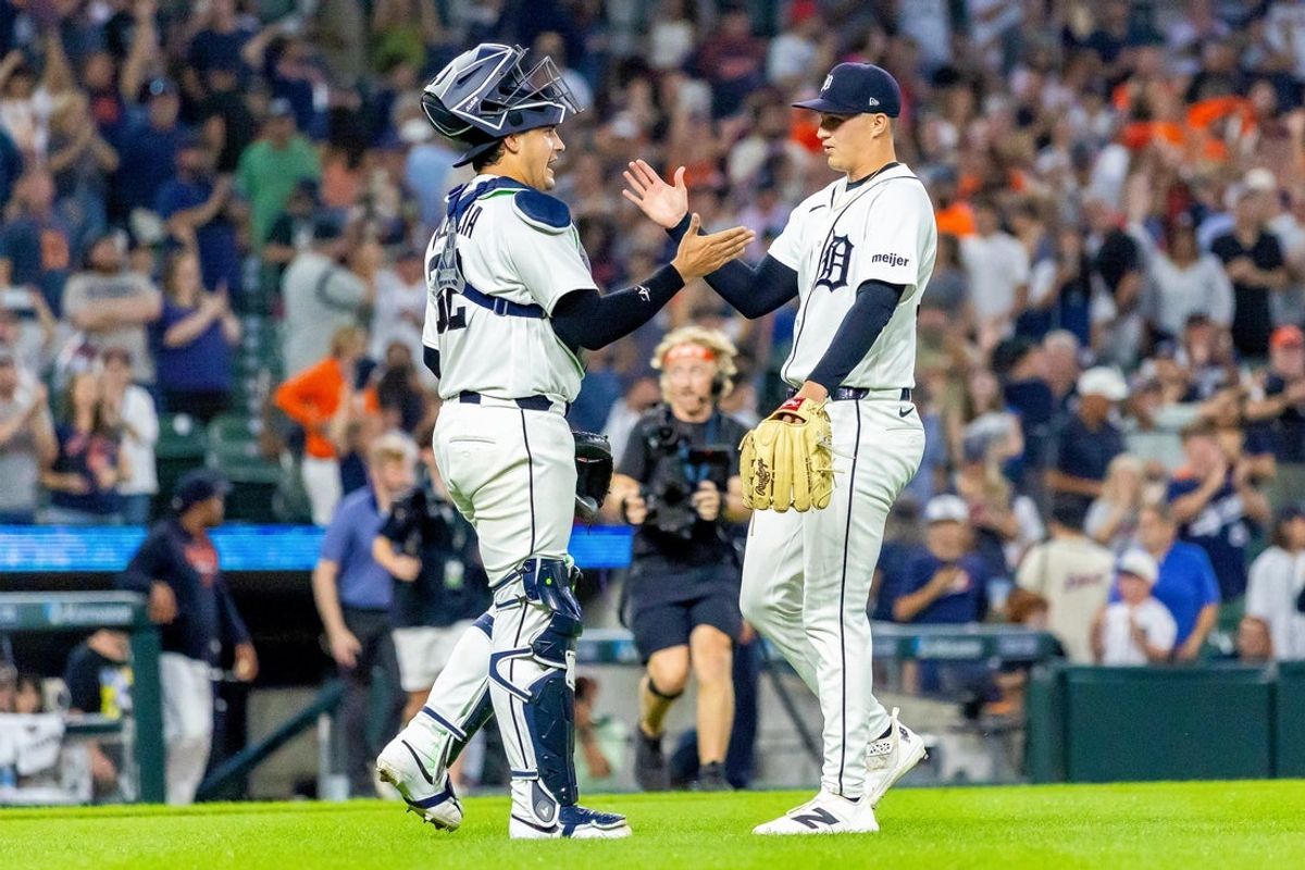 Jul 28, 2026; Detroit, Michigan, USA; Detroit Tigers pitcher Ty Madden (36) celebrates the 14-0 shut out win over the Baltimore Orioles with catcher Eduardo Valencia (32) during the ninth inning at Comerica Park. Mandatory Credit: David Reginek-Imagn Images