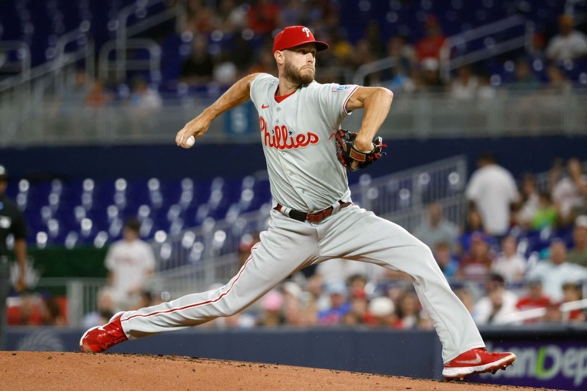 Jul 27, 2026; Miami, Florida, USA;  Philadelphia Phillies starting pitcher Zack Wheeler (45) throws against the Miami Marlins during the first inning at loanDepot Park. Mandatory Credit: Rhona Wise-Imagn Images