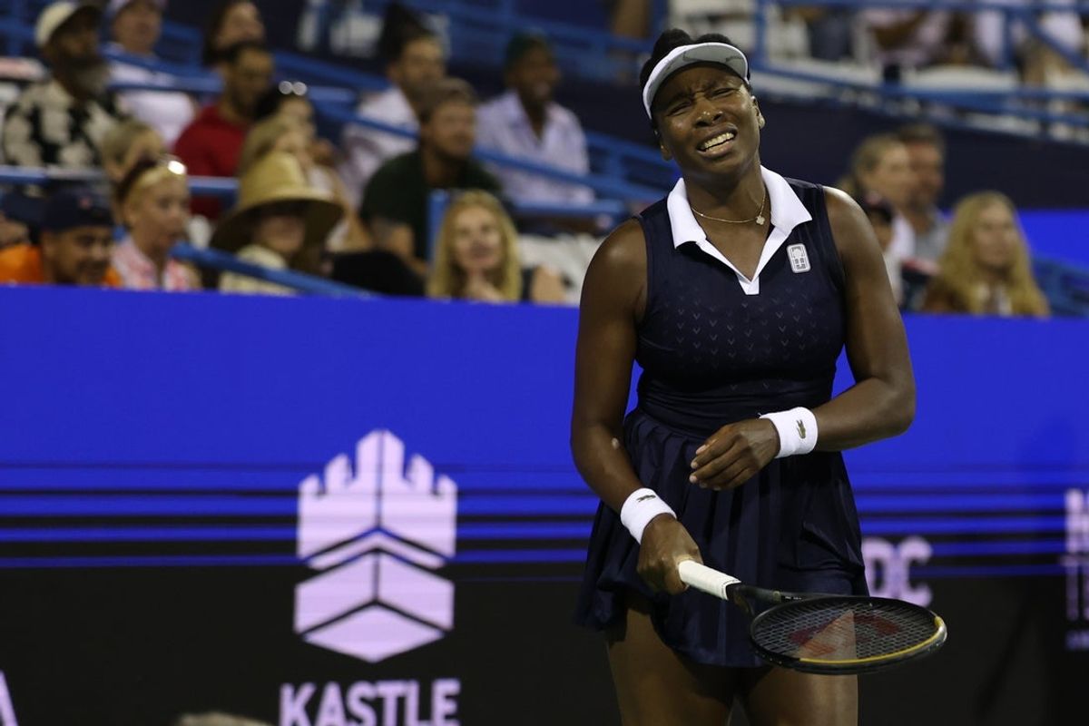 Jul 28, 2026; Washington, D.C., USA; Venus Williams (USA) reacts after missing a shot against Anastasia Potapova (AUT) (not pictured) on day two of the 2026 Mubadala DC Open at Rock Creek Park Tennis Center. Mandatory Credit: Geoff Burke-Imagn Images