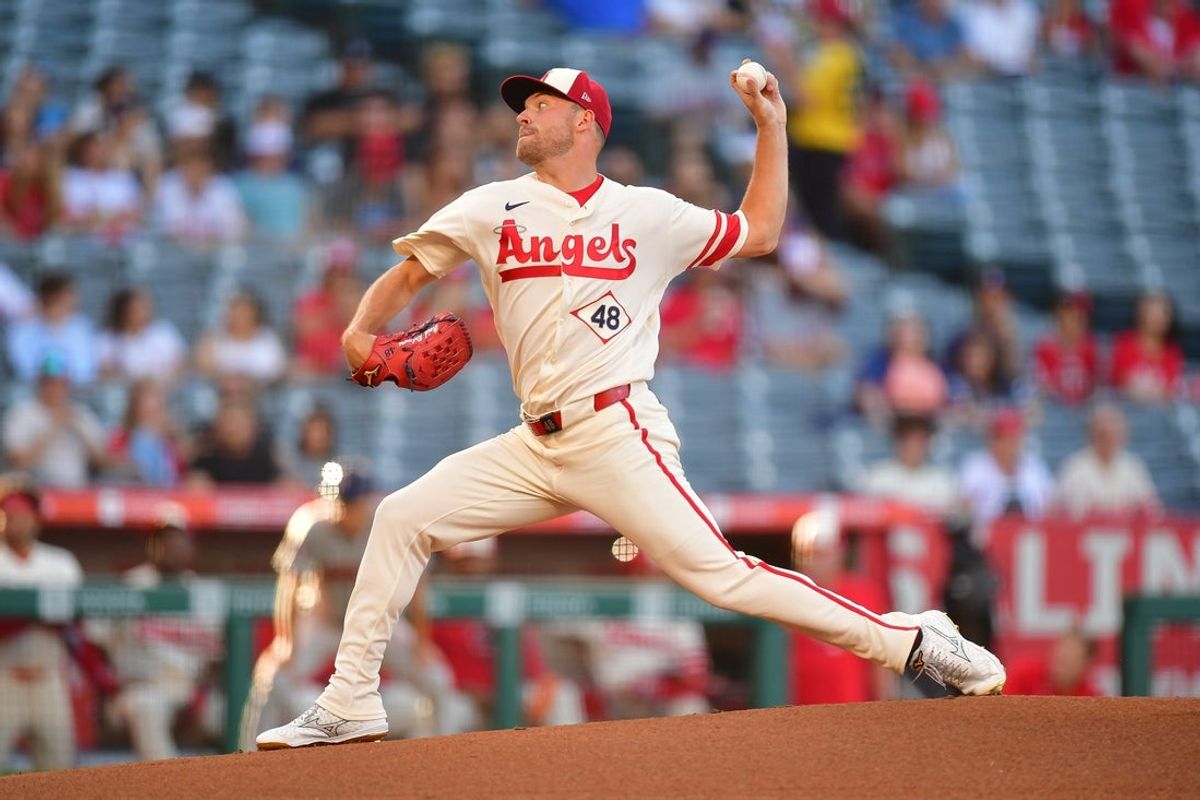 Jul 28, 2026; Anaheim, California, USA; Los Angeles Angels pitcher Reid Detmers (48) throws against the Houston Astros during the first inning at Angel Stadium. Mandatory Credit: Gary A. Vasquez-Imagn Images