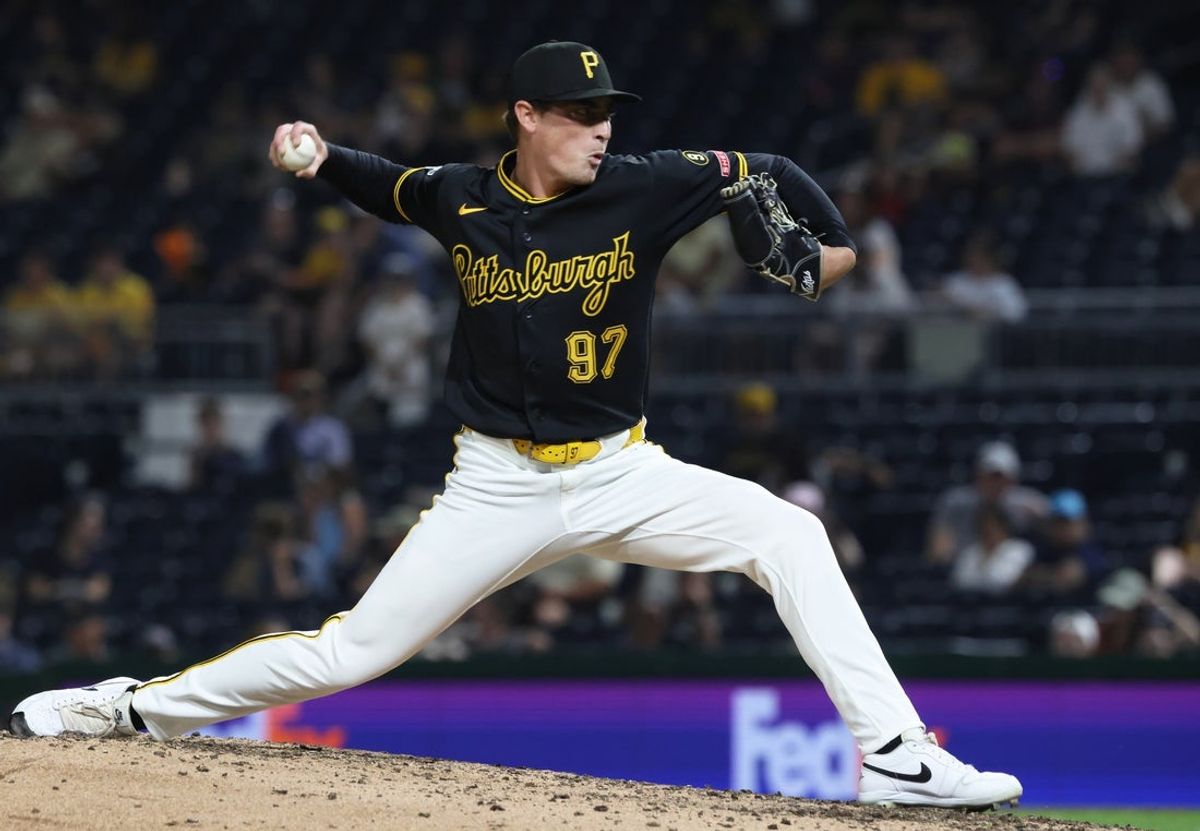 Jul 28, 2026; Pittsburgh, Pennsylvania, USA;  Pittsburgh Pirates relief pitcher Ron Marinaccio (97) pitches against the Arizona Diamondbacks during the ninth inning at PNC Park. Mandatory Credit: Charles LeClaire-Imagn Images
