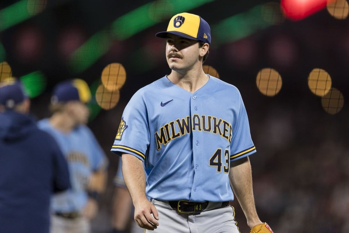 Jul 28, 2026; San Francisco, California, USA;  Milwaukee Brewers starting pitcher Logan Henderson (43) leaves the mound after being lifted during the sixth inning against the San Francisco Giants at Oracle Park. Mandatory Credit: John Hefti-Imagn Images