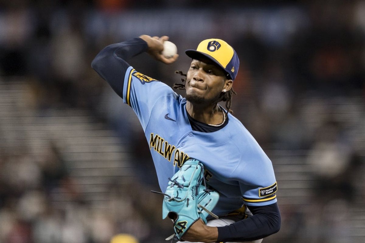 Jul 28, 2026; San Francisco, California, USA; Milwaukee Brewers closing pitcher Abner Uribe (45) throws against the San Francisco Giants during the ninth inning at Oracle Park. Mandatory Credit: John Hefti-Imagn Images