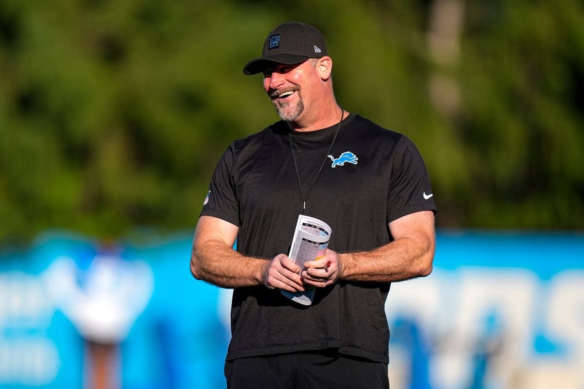 Detroit Lions head coach Dan Campbell watches practice during training camp at Meijer Performance Center in Allen Park on Wednesday, July 29, 2026.