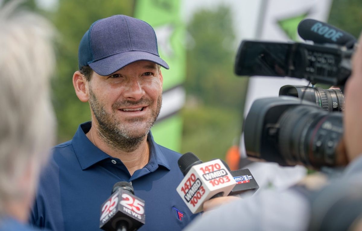 CBS sportscaster and former NFL quarterback Tony Romo chats with the media Tuesday, June 27, 2023 during the OSF Children's Hospital of Illinois Championship & Pro-Am at Metamora Fields Golf Club.