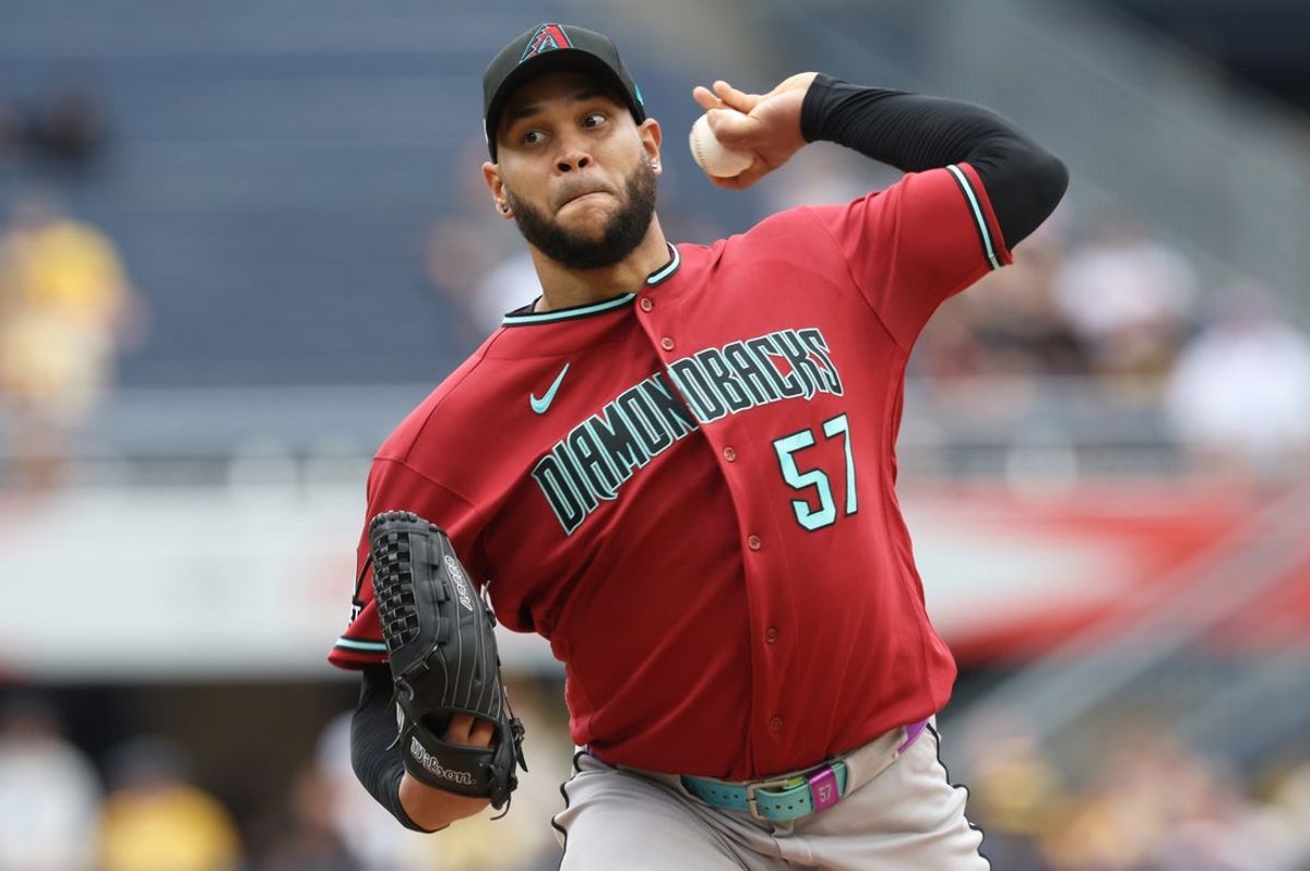 Jul 29, 2026; Pittsburgh, Pennsylvania, USA; Arizona Diamondbacks starting pitcher Eduardo Rodriguez (57) delivers a pitch against the Pittsburgh Pirates during the first inning at PNC Park. Mandatory Credit: Charles LeClaire-Imagn Images