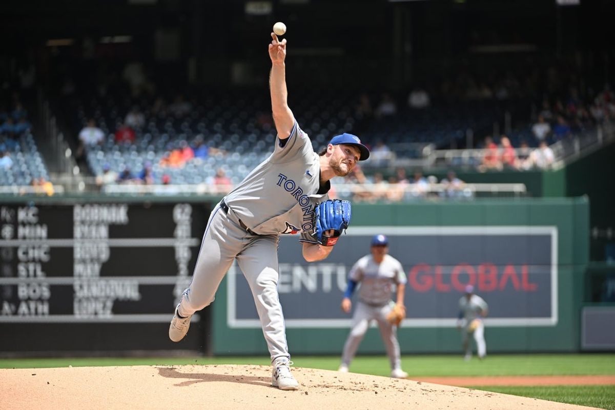 Jul 29, 2026; Washington, District of Columbia, USA; Toronto Blue Jays pitcher Trey Yesavage (39) throws to the Washington Nationals during the first inning at Nationals Park. Mandatory Credit: Brad Mills-Imagn Images