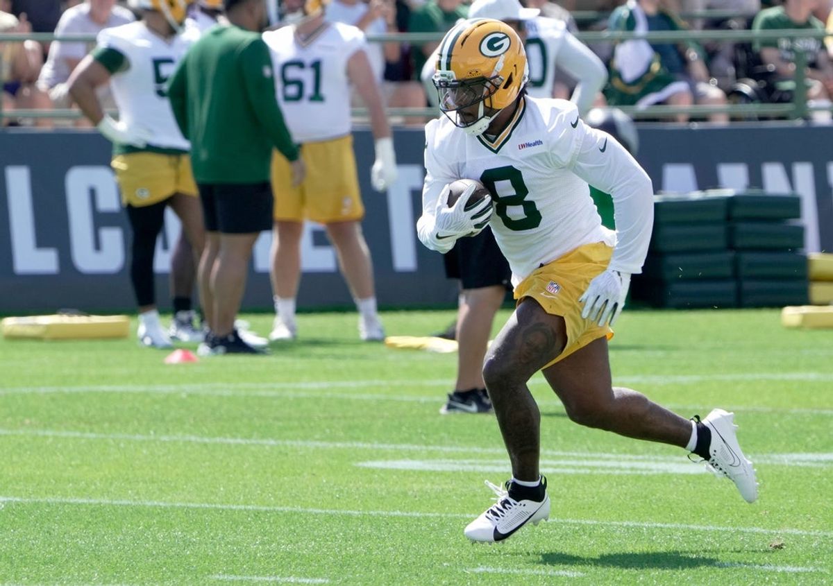 Green Bay Packers running back Josh Jacobs (8) is shown during the first day of training camp Wednesday, July 29, 2026 in Green Bay, Wisconsin. It is the first of three consecutive public practices.