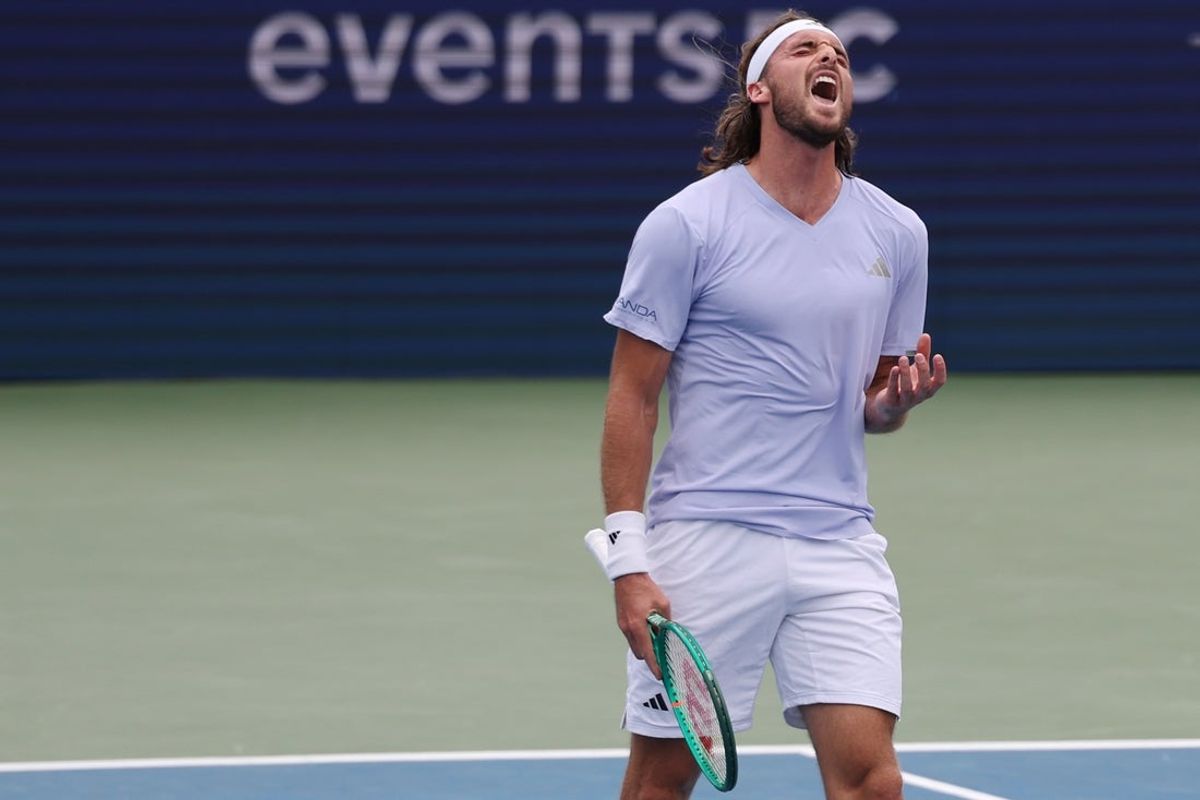 Jul 29, 2026; Washington, D.C., USA; Stefanos Tsitsipas (GRE) reacts after missing a shot against Alex de Minaur (AUS) (not pictured) on day three of the 2026 Mubadala DC Open at Rock Creek Park Tennis Center. Mandatory Credit: Geoff Burke-Imagn Images