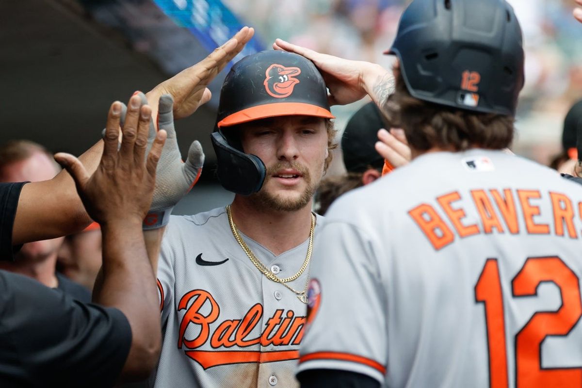 Jul 29, 2026; Detroit, Michigan, USA; Baltimore Orioles shortstop Gunnar Henderson (2) receives congratulations from teammates after scoring in the eighth inning against the Detroit Tigers at Comerica Park. Mandatory Credit: Rick Osentoski-Imagn Images