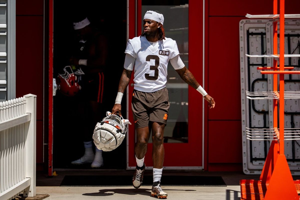 Cleveland Browns wide receiver Jerry Jeudy (3) steps out to the field area during the first day of training camp, July 29, 2026, at the Cross Country Mortgage Campus in Berea, Ohio.