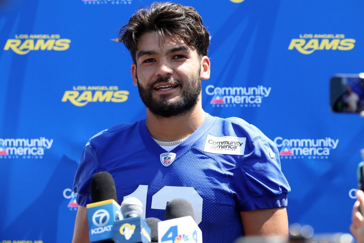 Jul 29, 2026; Los Angeles, CA, USA;  Los Angeles Rams  wide receiver Puka Nacua (12) speaks to media after training camp at Loyola Marymount University. Mandatory Credit: Kiyoshi Mio-Imagn Images