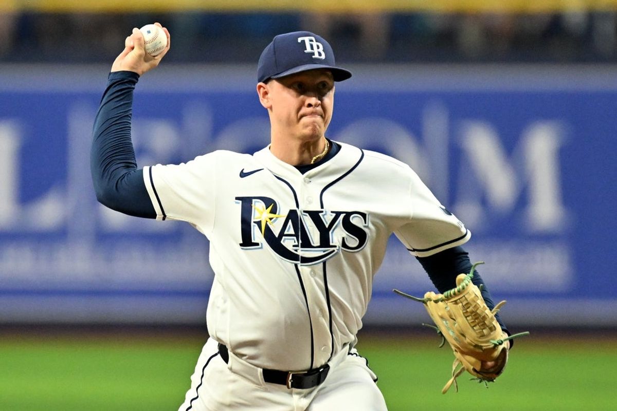 Jul 29, 2026; St. Petersburg, Florida, USA; Tampa Bay Rays starting pitcher Casey Legumina (67) throws a pitch in the first inning against the Texas Rangers at Tropicana Field. Mandatory Credit: Jonathan Dyer-Imagn Images