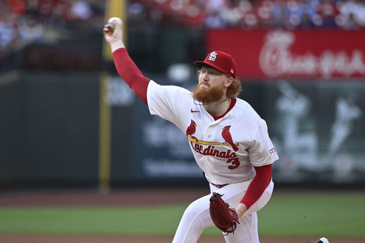 Jul 29, 2026; St. Louis, Missouri, USA; St. Louis Cardinals starting pitcher Dustin May (3) pitches against the Chicago Cubs in the first inning at Busch Stadium. Mandatory Credit: Joe Puetz-Imagn Images