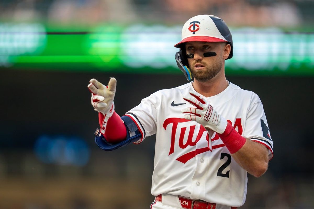Jul 29, 2026; Minneapolis, Minnesota, USA; Minnesota Twins second baseman Kody Clemens (2) celebrates hitting a single against the Kansas City Royals in the fourth inning at Target Field. Mandatory Credit: Jesse Johnson-Imagn Images