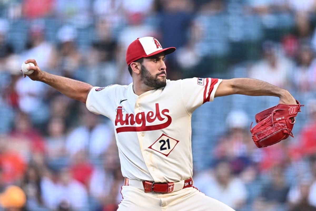 Jul 29, 2026; Anaheim, California, USA; Los Angeles Angels pitcher Grayson Rodriguez (21) delivers during the first inning against the Houston Astros at Angel Stadium. Mandatory Credit: William Liang-Imagn Images