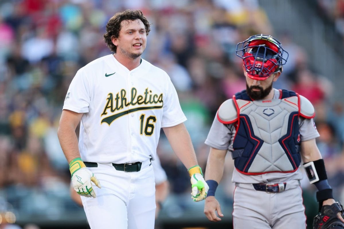 Jul 29, 2026; West Sacramento, California, USA; Athletics first baseman Nick Kurtz (16) reacts after getting hit by a pitch during the first inning against the Boston Red Sox at Sutter Health Park. Mandatory Credit: Sergio Estrada-Imagn Images