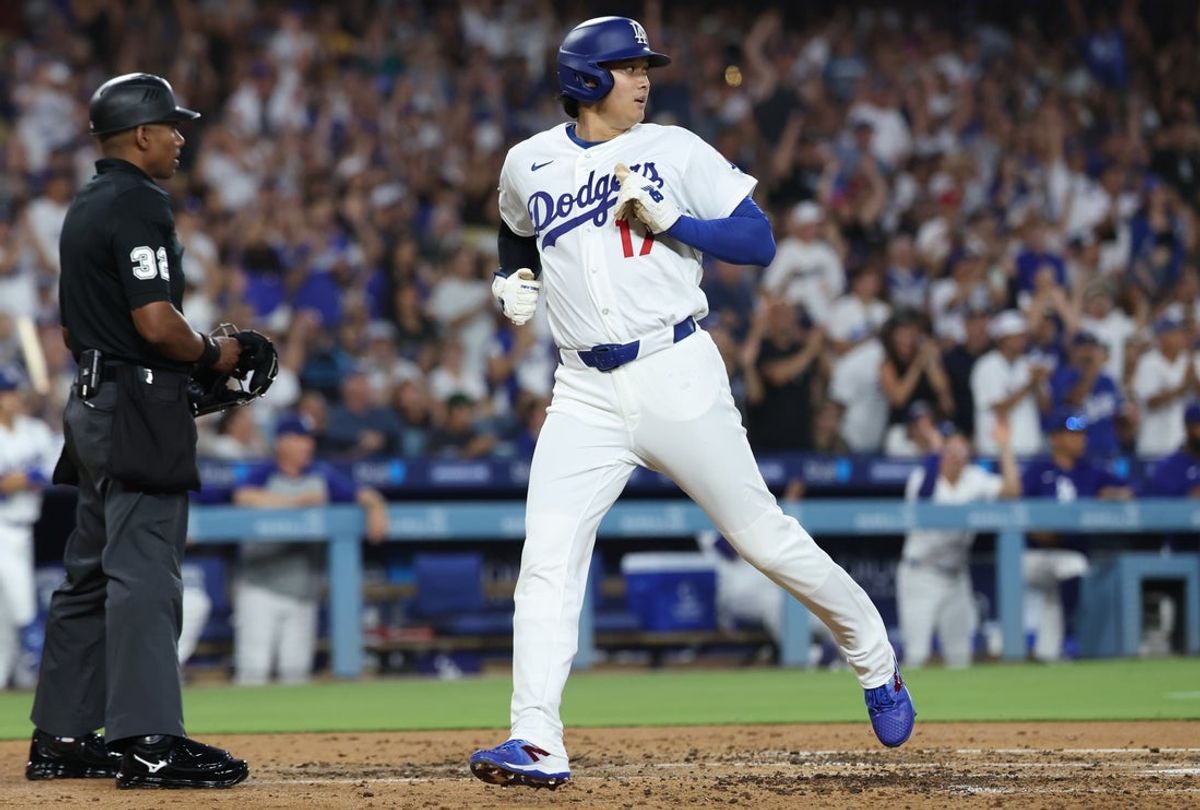 Jul 29, 2026; Los Angeles, California, USA; Los Angeles Dodgers designated hitter Shohei Ohtani (17) scores during the third inning against the Seattle Mariners at Dodger Stadium. Mandatory Credit: Kiyoshi Mio-Imagn Images