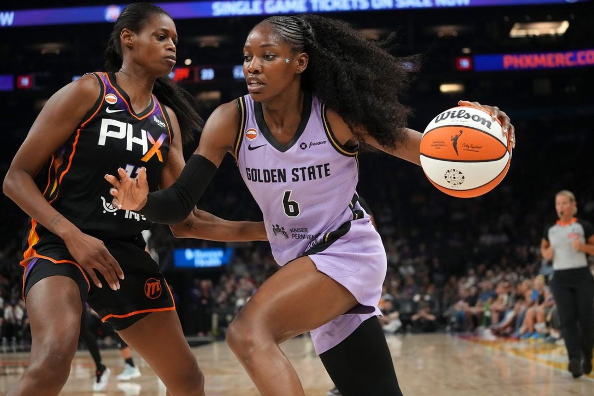 Golden State Valkyries guard Kaila Charles (6) tries to drive past Phoenix Mercury forward Valeriane Ayayi (11) at Mortgage Matchup Center in Phoenix, on July 29, 2026.