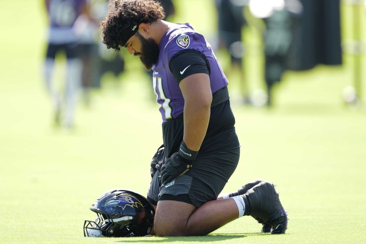 Jul 30, 2026; Owings Mills, MD, USA; Baltimore Ravens guard Vega Ioane (71) during practice at Under Armour Peformance Center. Mandatory Credit: Mitch Stringer-Imagn Images