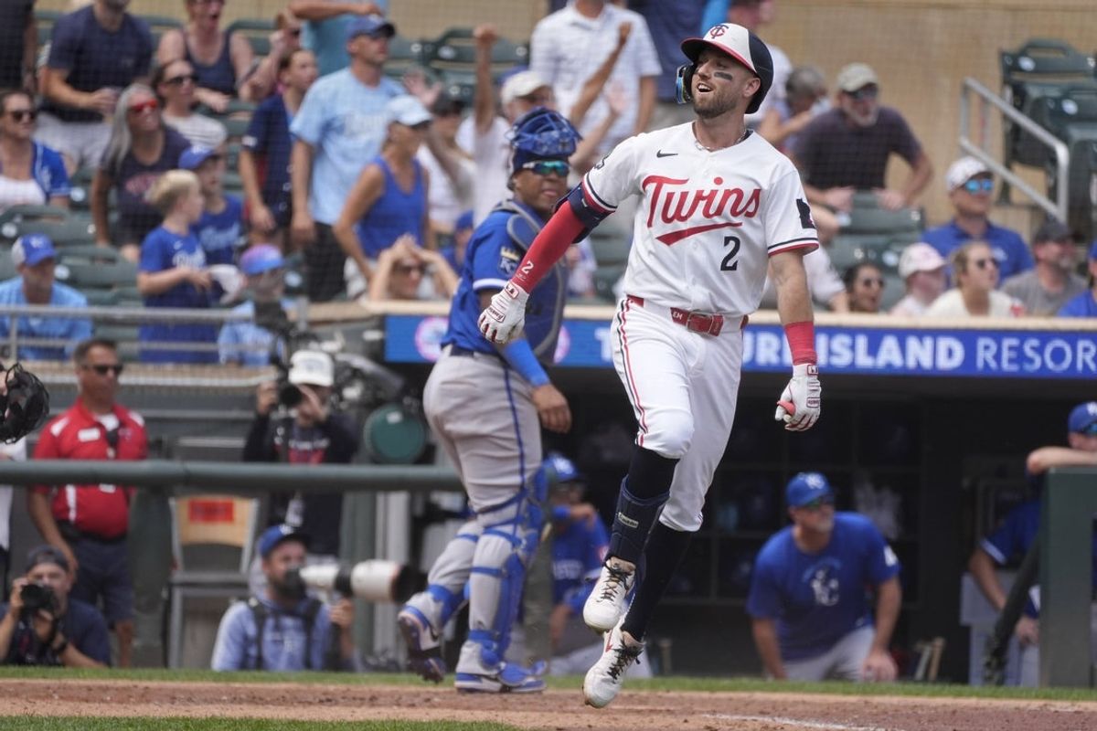 Jul 30, 2026; Minneapolis, Minnesota, USA; Minnesota Twins right fielder Kody Clemens (2) runs the bases after hitting a walk-off grand slam against the Kansas City Royals in the ninth inning at Target Field. Mandatory Credit: Bruce Kluckhohn-Imagn Images