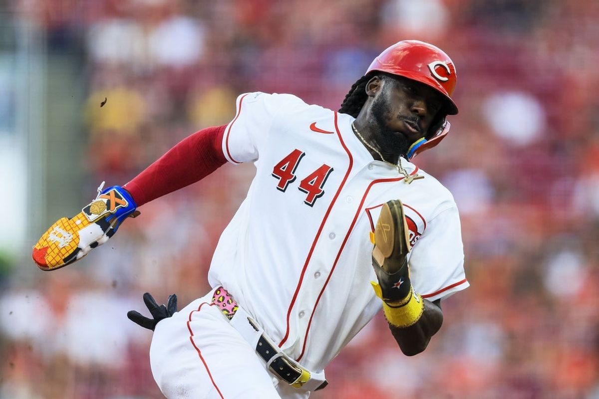Jul 30, 2026; Cincinnati, Ohio, USA; Cincinnati Reds shortstop Elly de la Cruz (44) scores on a RBI single hit by first baseman Sal Stewart (not pictured) in the third inning against the Pittsburgh Pirates at Great American Ball Park. Mandatory Credit: Katie Stratman-Imagn Images