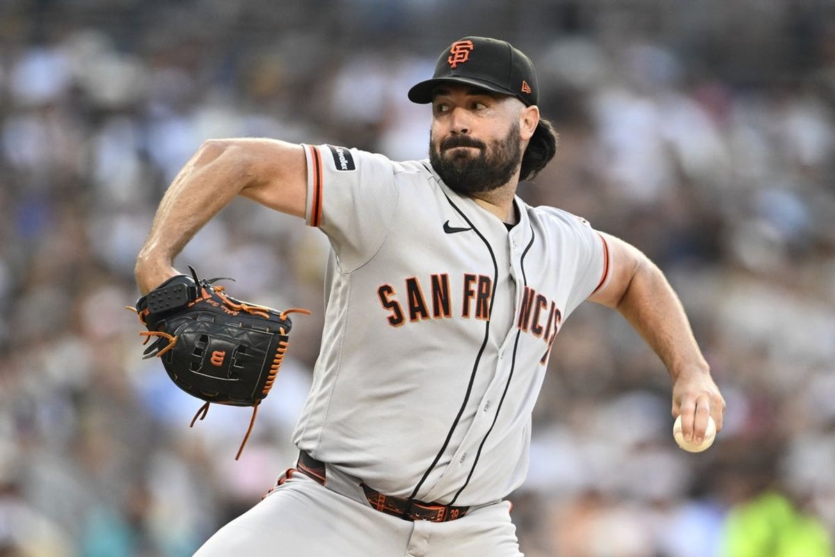 Jul 30, 2026; San Diego, California, USA; San Francisco Giants pitcher Robbie Ray (38) delivers during the first inning against the San Diego Padres at Petco Park. Mandatory Credit: Denis Poroy-Imagn Images