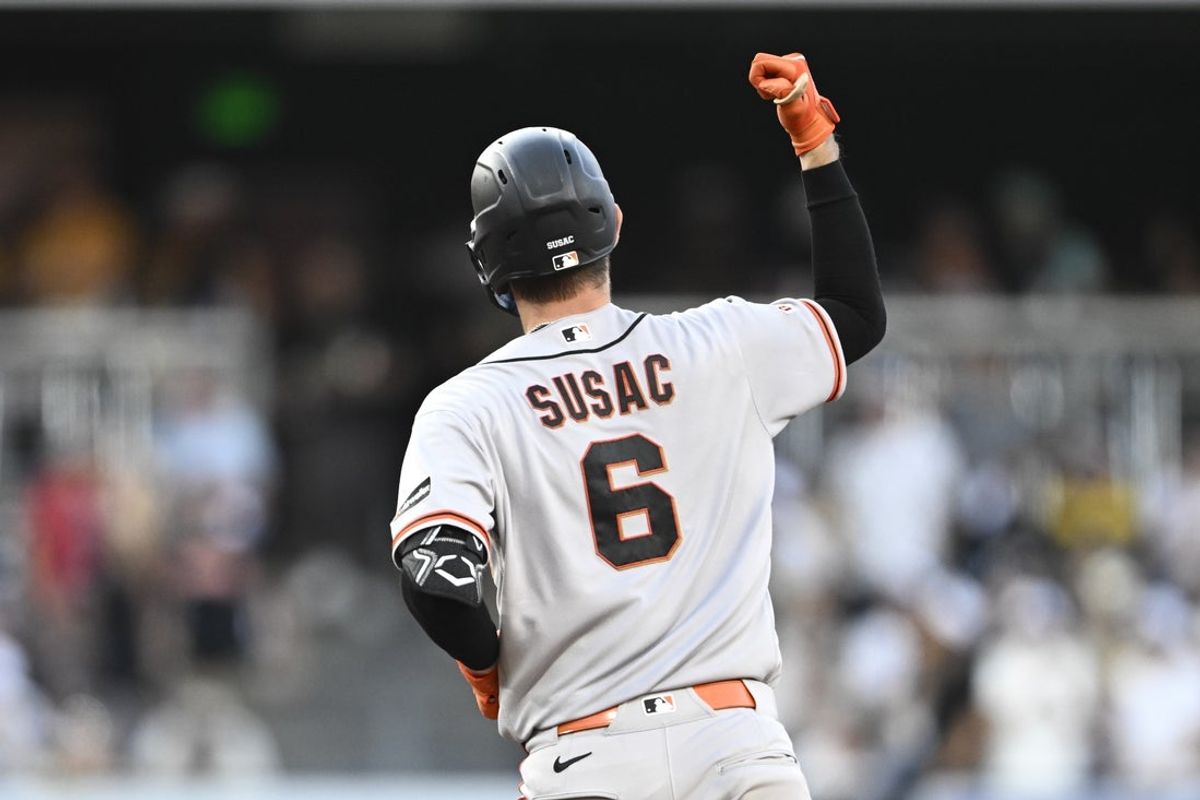 Jul 30, 2026; San Diego, California, USA; San Francisco Giants catcher Daniel Susac (6) rounds the bases after hitting a two-run home run during the second inning against the San Diego Padres at Petco Park. Mandatory Credit: Denis Poroy-Imagn Images