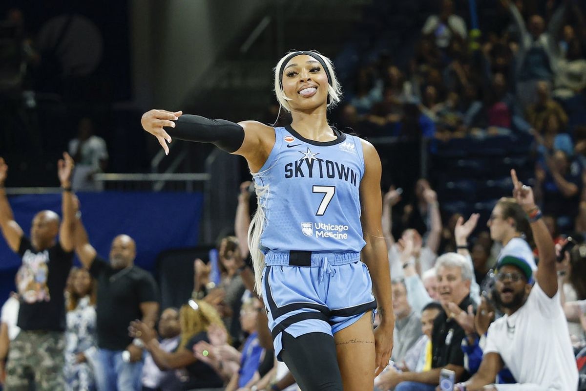 Jul 30, 2026; Chicago, Illinois, USA; Chicago Sky guard-forward DiJonai Carrington (7) celebrates after scoring against the Connecticut Sun during the second half of a WNBA game at Wintrust Arena. Mandatory Credit: Kamil Krzaczynski-Imagn Images