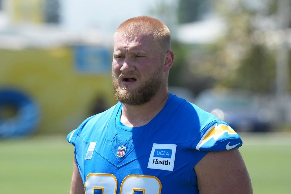 Jul 30, 2026; El Segundo, CA, USA; Los Angeles Chargers center Tyler Biadasz (63) at training camp at The Bolt. Mandatory Credit: Kirby Lee-Imagn Images