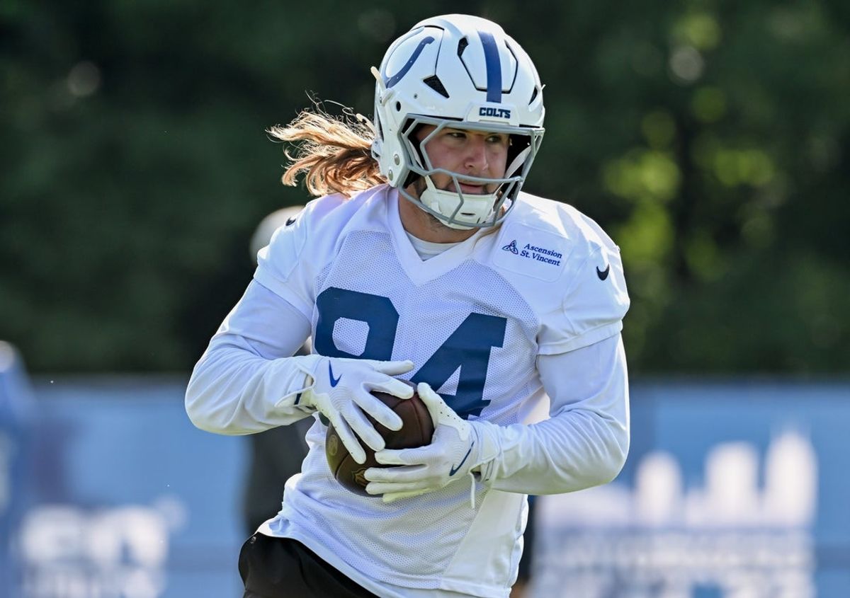 Jul 31, 2026; Westfield, IN, USA; Indianapolis Colts tight end Tyler Warren (84) participates in a drill on day three of training camp at Grand Park Sports Campus. Mandatory Credit: Robert Goddin-Imagn Images