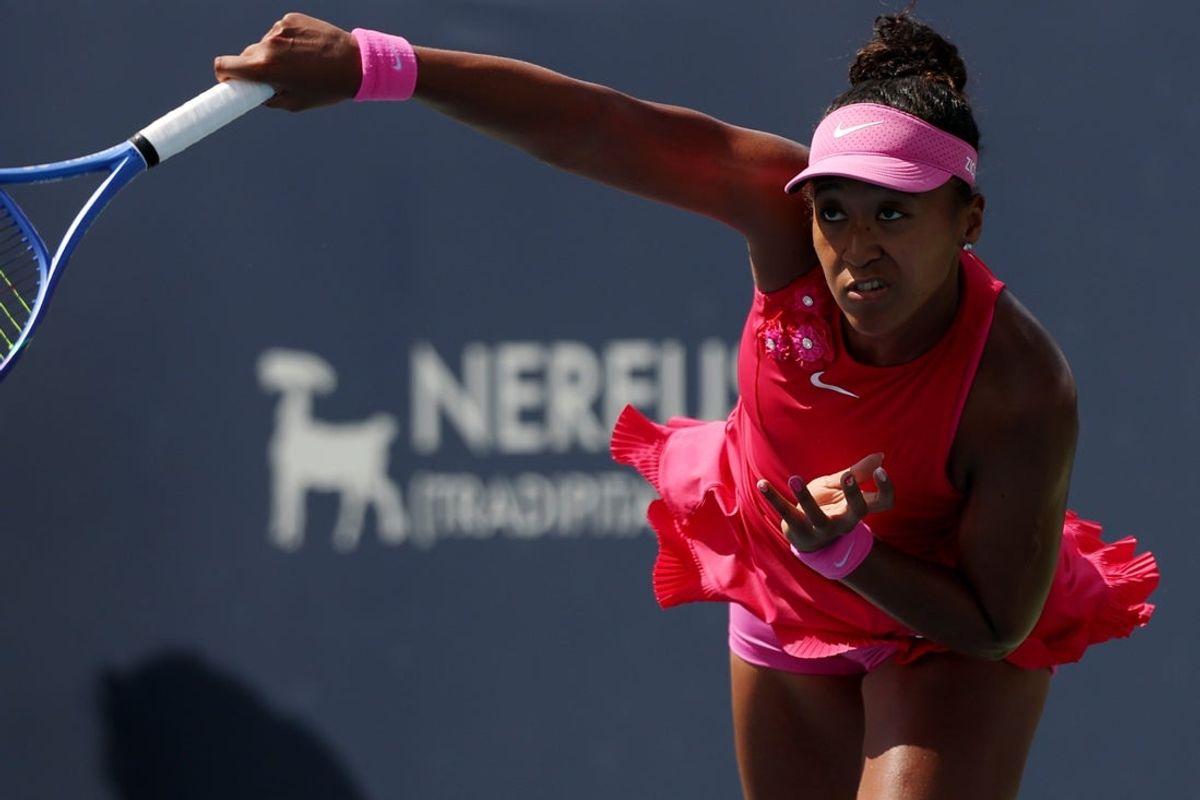 Jul 31, 2026; Washington, D.C., USA; Naomi Osaka (JPN) serves against Elisabetta Cocciaretto (ITA) (not pictured) during a women's singles quarterfinal on day five of the 2026 Mubadala DC Open at Rock Creek Park Tennis Center. Mandatory Credit: Geoff Burke-Imagn Images