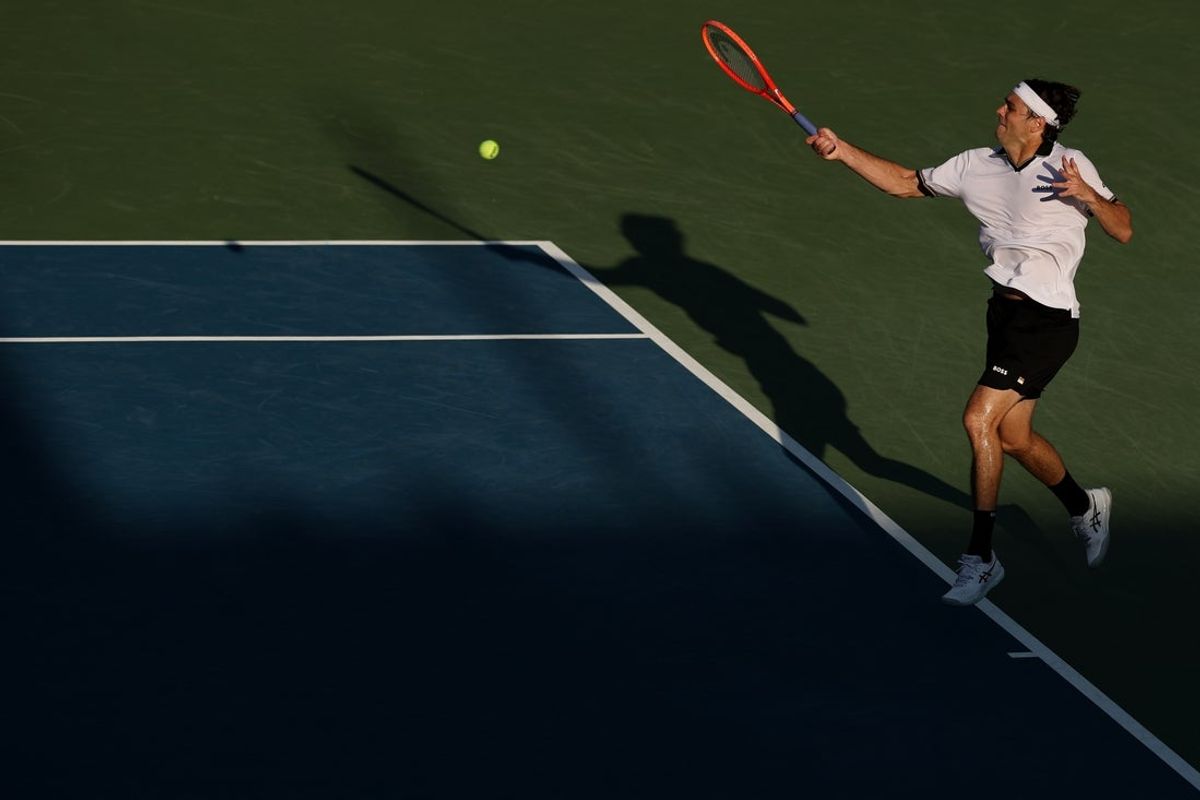 Jul 31, 2026; Washington, D.C., USA; Taylor Fritz (USA) hits a forehand against Alex Michelsen (USA) (not pictured) during a men's singles quarterfinal on day five of the 2026 Mubadala DC Open at Rock Creek Park Tennis Center. Mandatory Credit: Geoff Burke-Imagn Images