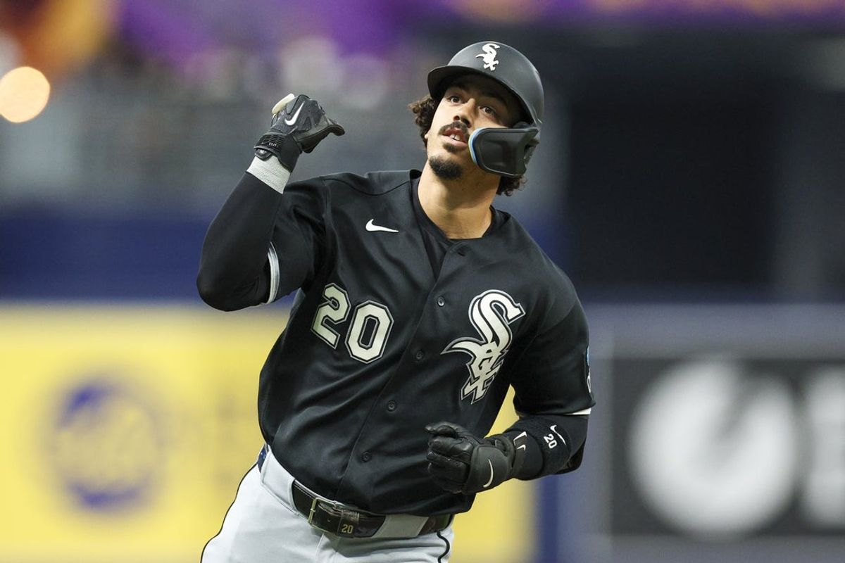 Jul 31, 2026; St. Petersburg, Florida, USA; Chicago White Sox third baseman Miguel Vargas (20) runs the bases after hitting a home run against the Tampa Bay Rays in the first inning at Tropicana Field. Mandatory Credit: Nathan Ray Seebeck-Imagn Images