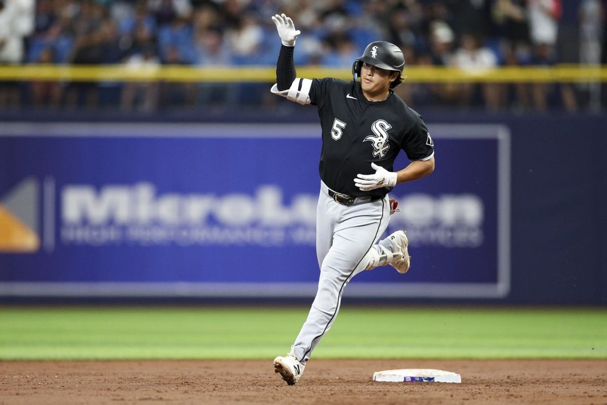 Jul 31, 2026; St. Petersburg, Florida, USA; Chicago White Sox first baseman Munetaka Murakami (5) runs the bases after hitting a two-run home run against the Tampa Bay Rays in the third inning at Tropicana Field. Mandatory Credit: Nathan Ray Seebeck-Imagn Images